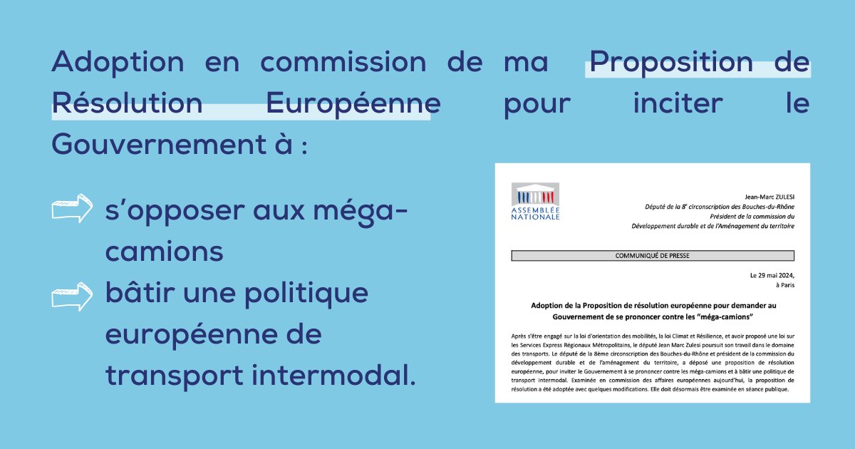 jmzulesi's tweet photo. Adoption de ma #PPRE sur les méga-camions en commission des affaires européennes !

Il est temps de bâtir une réelle politique de complémentarité des modes de transport et d'envoyer un message fort à l'UE pour protéger le #fret ferroviaire d’une compétitivité disproportionnée !⬇️ https://t.co/UaqNK1diN4
