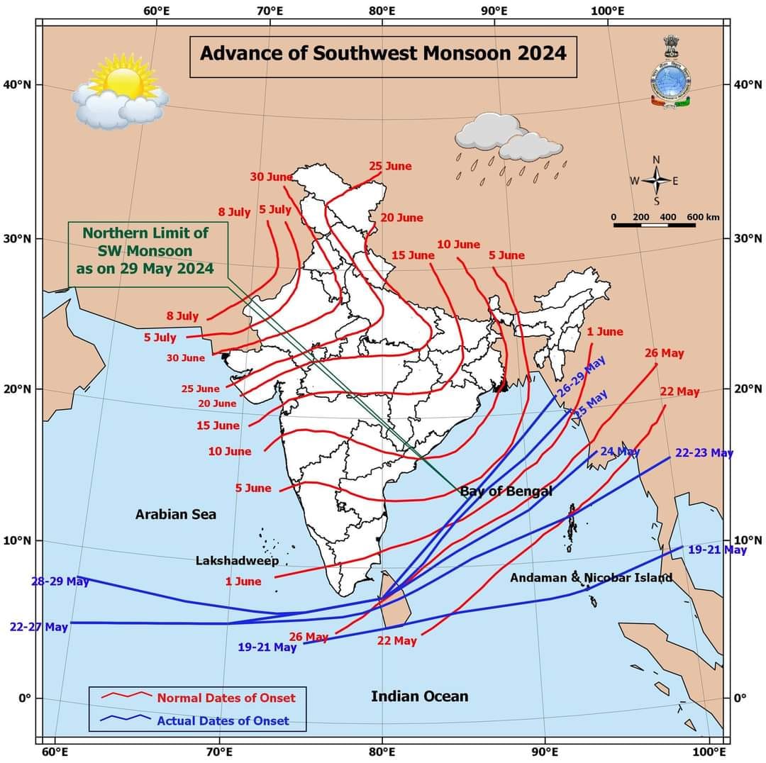 Goan Reporter News: Conditions continue to become favourable for the onset of the monsoon over Kerala within the next 24 hours, with monsoon advancement expected over some parts of the Northeastern States during the same period