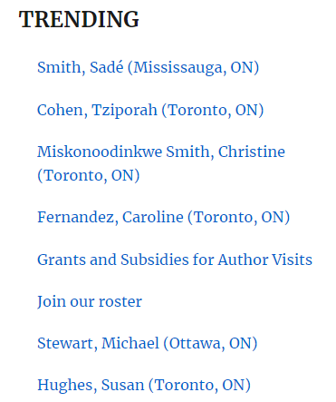 Trending on Authors' Booking Service today: <a href="/tzippymfa/">Tziporah Cohen</a> @stc_smith <a href="/MiskoNoodinKwe/">Chrissy Miskonoodinkwe Smith</a> <a href="/ParentClub/">Caroline Fernandez ☀️</a> <a href="/MichaelFStewart/">Michael F. Stewart</a> <a href="/childbkauthor/">Susan Hughes</a> 

These and other Canadian kidlit creators are available to visit your readers. Learn more: authorsbooking.com