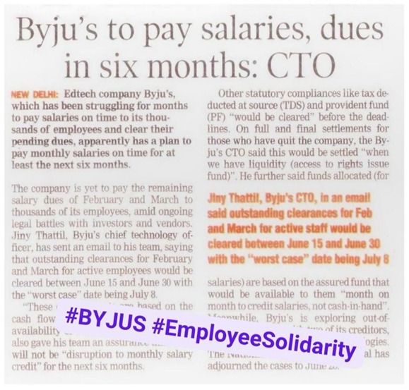 .@BYJUS reaffirms its commitment to employees by guaranteeing timely salary payments for the next six months. 
This act of solidarity during challenging times underscores the company's strong leadership and unwavering dedication. 
#BYJUS #EmployeeSolidarity