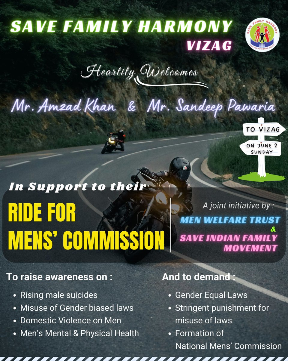 sfhvizag's tweet photo. welcome to Vizag warriors, fighting for #MensRights #MensCommission #GenderNeutralLaws  @hardikpandya7 @Sunil_Deodhar @AnubhavMohanty_ @PMOIndia @swarup1972 @TheAmitLakhani @sifchandigarh @SIFKtka @sifgujarat @sif_odisha @sifngp https://t.co/yw5jfC9Bt4