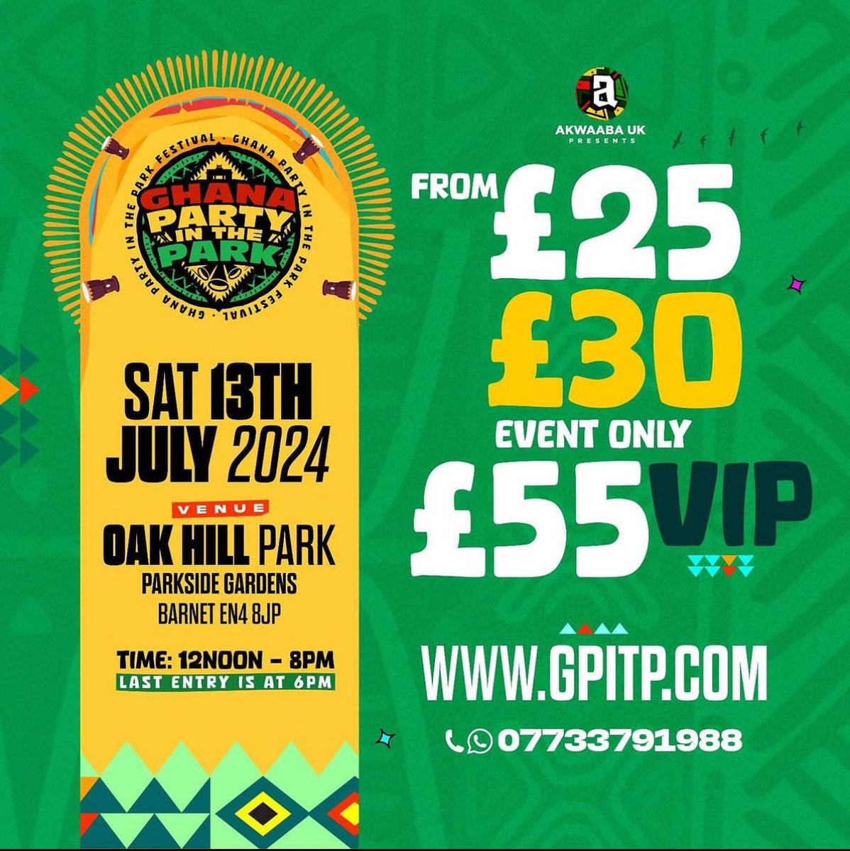 Ghana Party in the Park is Back this summer on 13th July at a new location OAK HILL PARK. Grab your tickets now!!  gpitp2024.eventbrite.co.uk