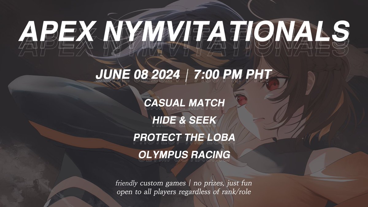 Good day! I hope this email finds you well, 

I am nymviting you to Apex Nymvitationals on June 8, 2024 | 7PM PHT.  

If you are interested, kindly answer the google forms
🔗 forms.gle/PLkj42ZLh79skz… 

Looking forward to your participation!