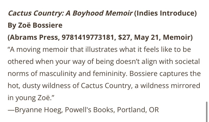 So honored to announce that CACTUS COUNTRY: A BOYHOOD MEMOIR (@ABRAMSbooks) has been selected as an Indie NEXT title! Thank you booksellers for nominating my story and to Bry at @Powells for this incredible blurb! 🏜️✨ bookshop.org/lists/indie-ne…