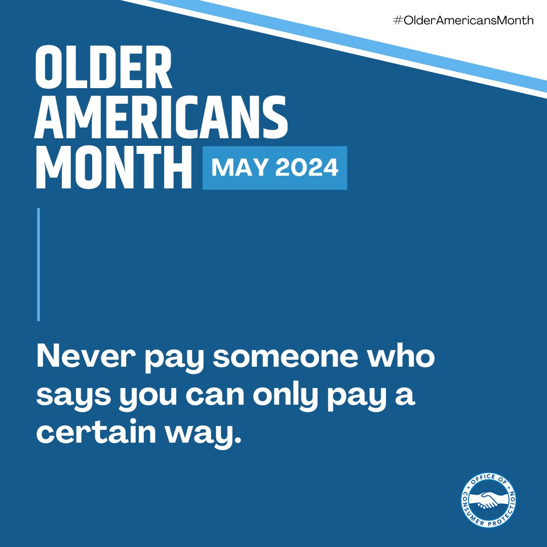 Protect yourself and your loved ones from scammers. Remember, nobody legit will ask for payment via gift card, wire transfer, crypto, payment app, or cash. Share your knowledge about scams and protect your money. #OlderAmericansMonth #OCP #ConsumerProtection