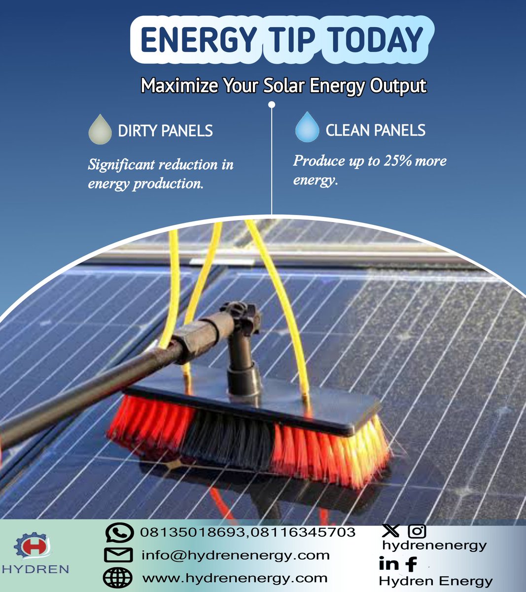 hydrenenergy's tweet image. Make sure to clean your solar panels regularly to ensure optimal energy production! Dirt, dust, and debris can reduce your system's efficiency by up to 25%. #SolarTips #solarenergy #solarpower #renewableenergy #MaximizeYourEnergy
