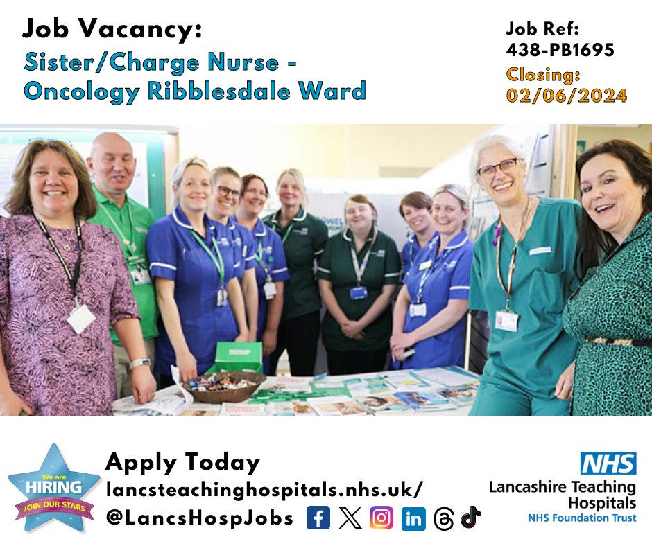 Lancashire Teaching Hospitals Jobs 💙 (@lancshospjobs) on Twitter photo Job Vacancy: Sister/Charge Nurse - #Oncology Ribblesdale Ward <a href="/LancsHospitals/">Chorley & Royal Preston</a>
⏰Closes: 02/06/24
Read more and apply: lancsteachinghospitals.nhs.uk/join-our-workf…
<a href="/ribblesdaleward/">Ribblesdale Ward</a> #NHS #NHSjobs #Lancashire #Cancer <a href="/RosemereCF/">Rosemere Cancer Foundation</a> #Preston #Haematology #Band6 Job Vacancy: Sister/Charge Nurse - #Oncology Ribblesdale Ward <a href="/LancsHospitals/">Chorley & Royal Preston</a>
⏰Closes: 02/06/24
Read more and apply: lancsteachinghospitals.nhs.uk/join-our-workf…
<a href="/ribblesdaleward/">Ribblesdale Ward</a> #NHS #NHSjobs #Lancashire #Cancer <a href="/RosemereCF/">Rosemere Cancer Foundation</a> #Preston #Haematology #Band6