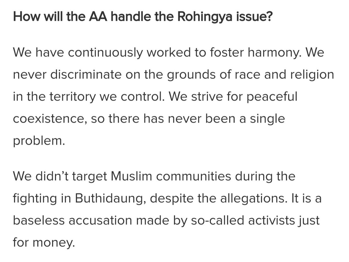 The spokesperson of the #Arakan #Army, @KhineThuKha , is spreading lies to impress the international #community. Everyone knows what they have been doing to the #Rohingya people in Arakan State.

irrawaddy.com/in-person/inte…