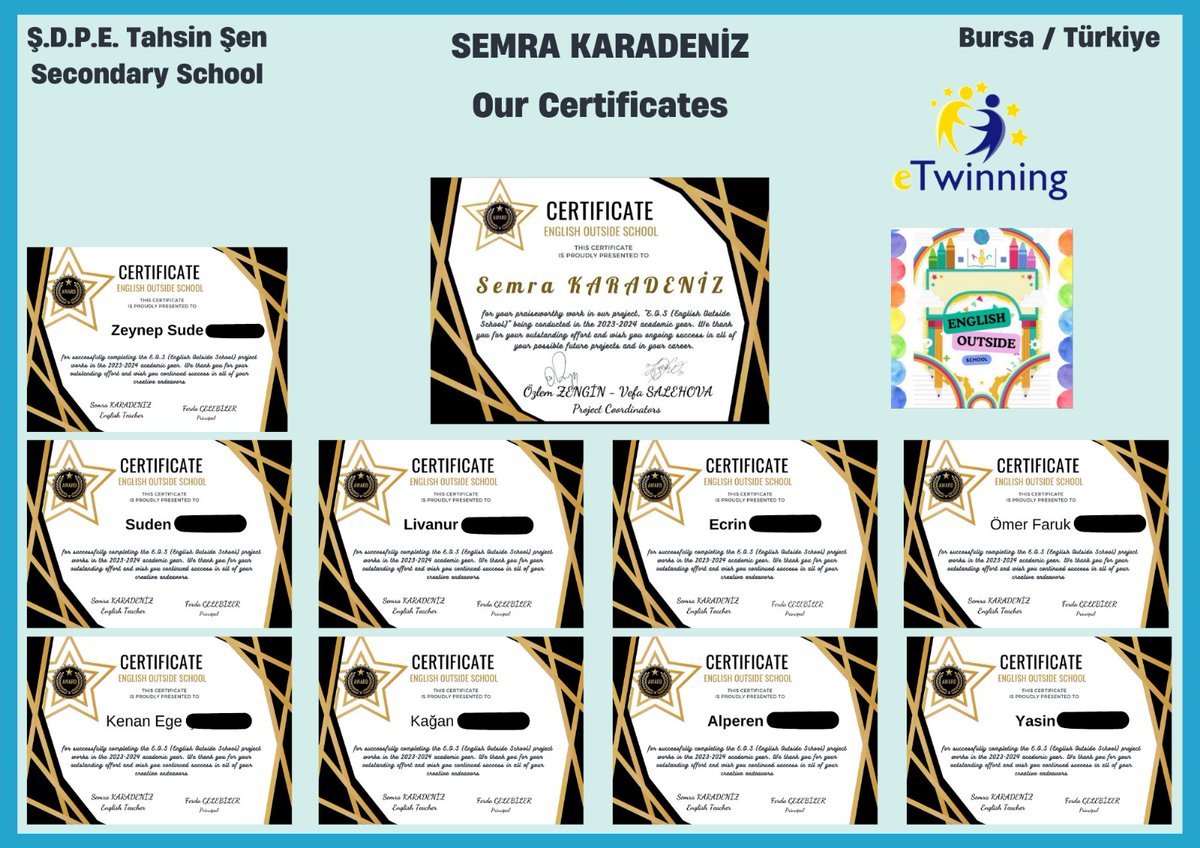 Okulumuz İngilizce öğretmeni Semra KARADENİZ 'in yürüttüğü "English Outside School" isimli eTwinning projemiz tamamlanmıştır.                             Öğrencilerimize katılım sertifikaları verilmiştir.Projemizde görev alan öğretmenimizi ve öğrencilerimizi tebrik ederiz.