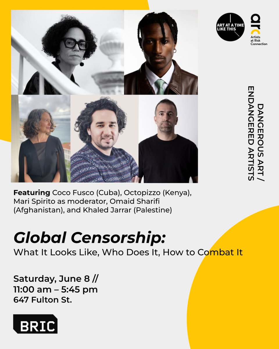 Join us for the 'Dangerous Art / Endangered Artists' summit on June 8 for 'Global Censorship: What It Looks Like, Who Does It, How to Combat It' with @cocofusco1960, @OCTOPIZZO, @OmaidSharifi, @khaledjarrarart, and Mari Spirito. Get tickets here: bit.ly/ArtSummitNYC