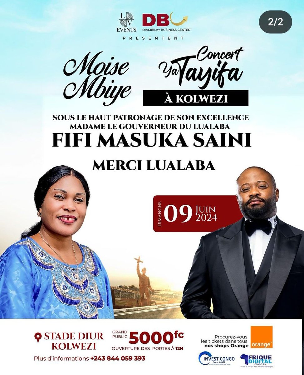 #RDC🇨🇩: Lubumbashi et kolwezi, c'est pour ce 08 et ce 09.06.2024 au stade kibassa maliba et stade diur pour les deux grandes productions de pasteur @moisembiye01  la réserve de l'Eternel. 

Billets grand public à 5.000fc.

@JacquesKyabula  @FifiMasukaSaini .