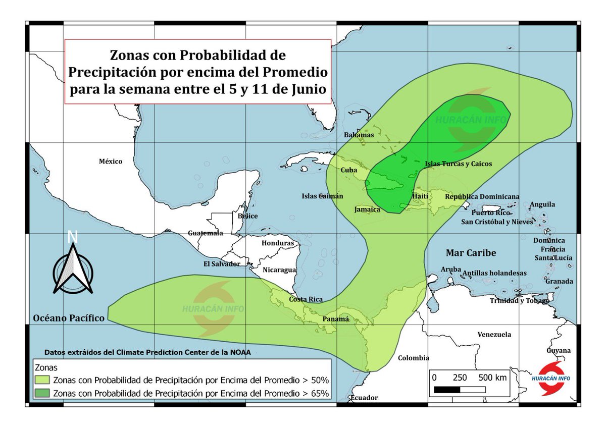 🚨 BOLETÍN ESPECIAL 🚨 
El Centro de Predicción Climática de la #NOAA, ha mostrando un mapa de #lluvias precipitable para los días entre el 5 al 11 de junio. Esto indica que en la regiones sombreadas, se originarán lluvias por encima de lo normal. ⚠️ ADVERTENCIA ⚠️