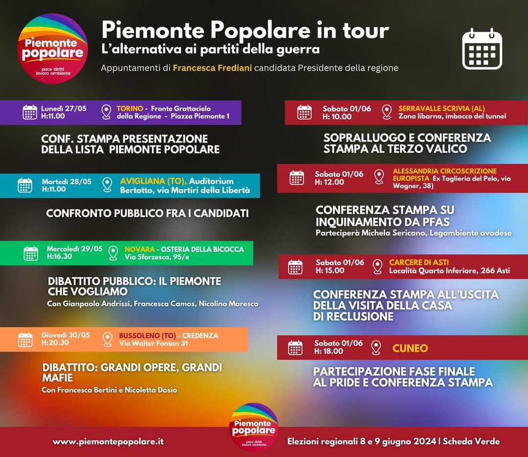 🔴 Piemonte Popolare in tour 👇

🗓 Gli appuntamenti di Piemonte Popolare e della candidata presidente Francesca Frediani di  questa settimana 👇