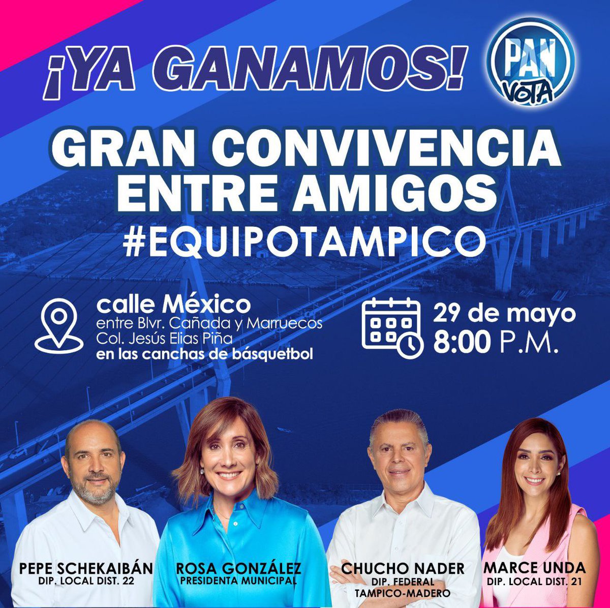 Te esperamos el día de mañana MIÉRCOLES 29 en punto de las 8:00 p.m 🩷🦀 para pasar un rato agradable con todos ustedes y celebrar un paso más de este camino al triunfo. 

Estamos caminando unidos y con tu voto ¡YA GANAMOS!

#RosaGonzález
#VamosASeguirle
#EquipoTampico