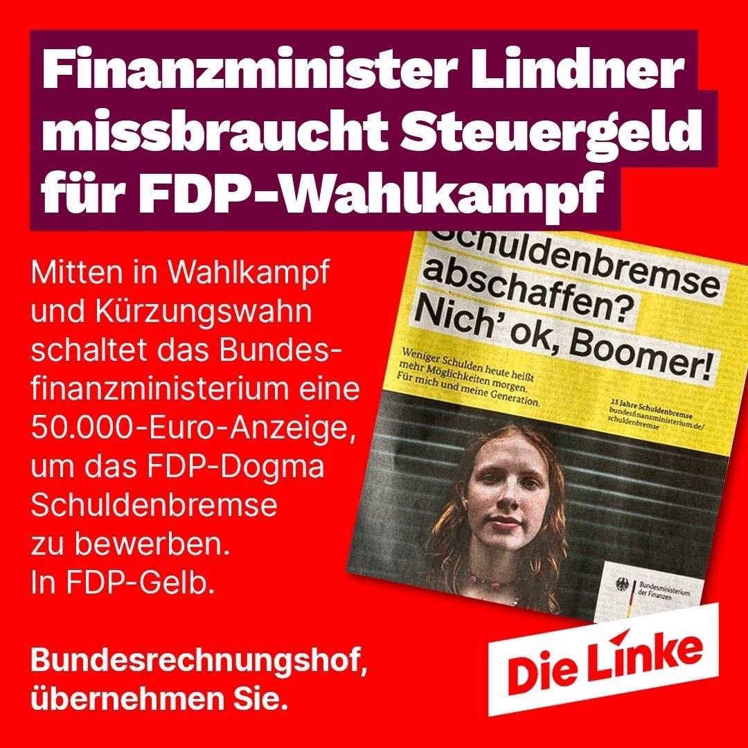 Wow. #Lindner missbraucht Steuergelder, um seinem Fetisch Schuldenbremse zu huldigen. Während #Ampel Sozialkürzungen plant, wirft ihr Finanzminister mal eben Steuergelder für ideologisch motivierte FDP-Werbekampagnen ausm Fenster. Höchste Zeit für Investitionen statt Ideologie!
