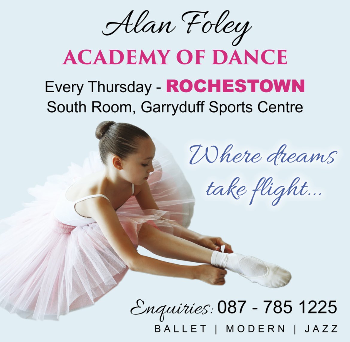 CorkCityBallet's tweet photo. After many enquiries I’m delighted to announce that the Alan Foley Academy of Dance will commence classes in the ‘South Room’ at Garryduff Sports Centre in Garryduff, Rochestown on Thursday 12th September. Booking on 087-7851225 WhatsApp. https://t.co/M7CsxpKSYn
