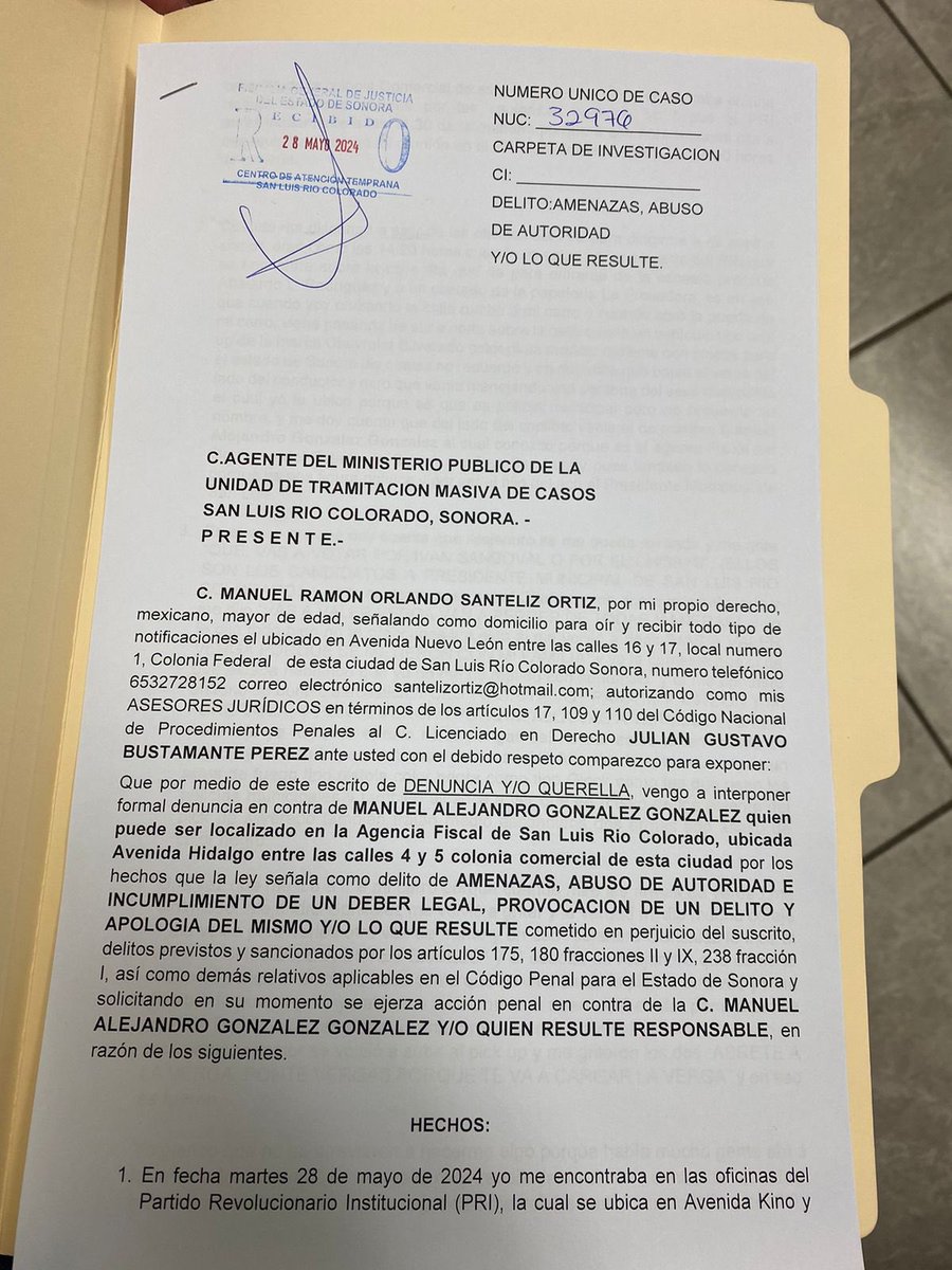 Exigimos a la @fgjesonora y al @gobiernosonora actúe de inmediato y no archive la denuncia interpuesta por nuestro candidato a regidor en SLRC, Manuel Santeliz, contra el agente fiscal del estado, Manuel Alejandro González, por amenazas, abuso de autoridad e incumplimiento de un