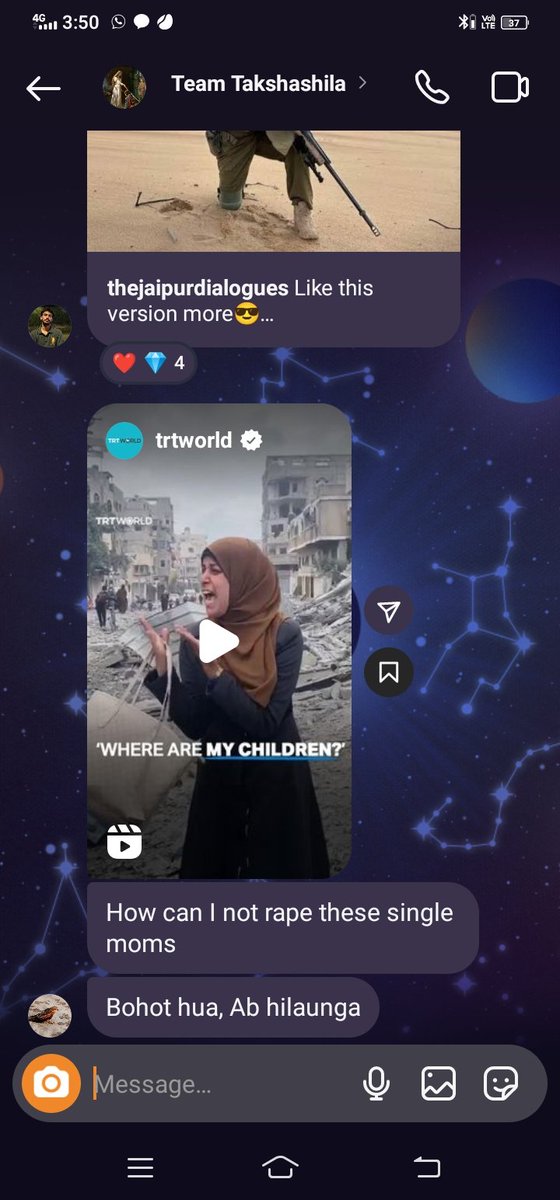 jokerrr2_0's tweet photo. Indian Hindus have created a group on Insta named "Team Takshashila" where they are fantasizing about raping the grieving  Palestinian Mothers.
Translation of 2nd pic -"sometimes i imagine killing Muslim infants"

They are the most disgusting and pathetic creatures to ever exist. https://t.co/6ROkMsWAQc