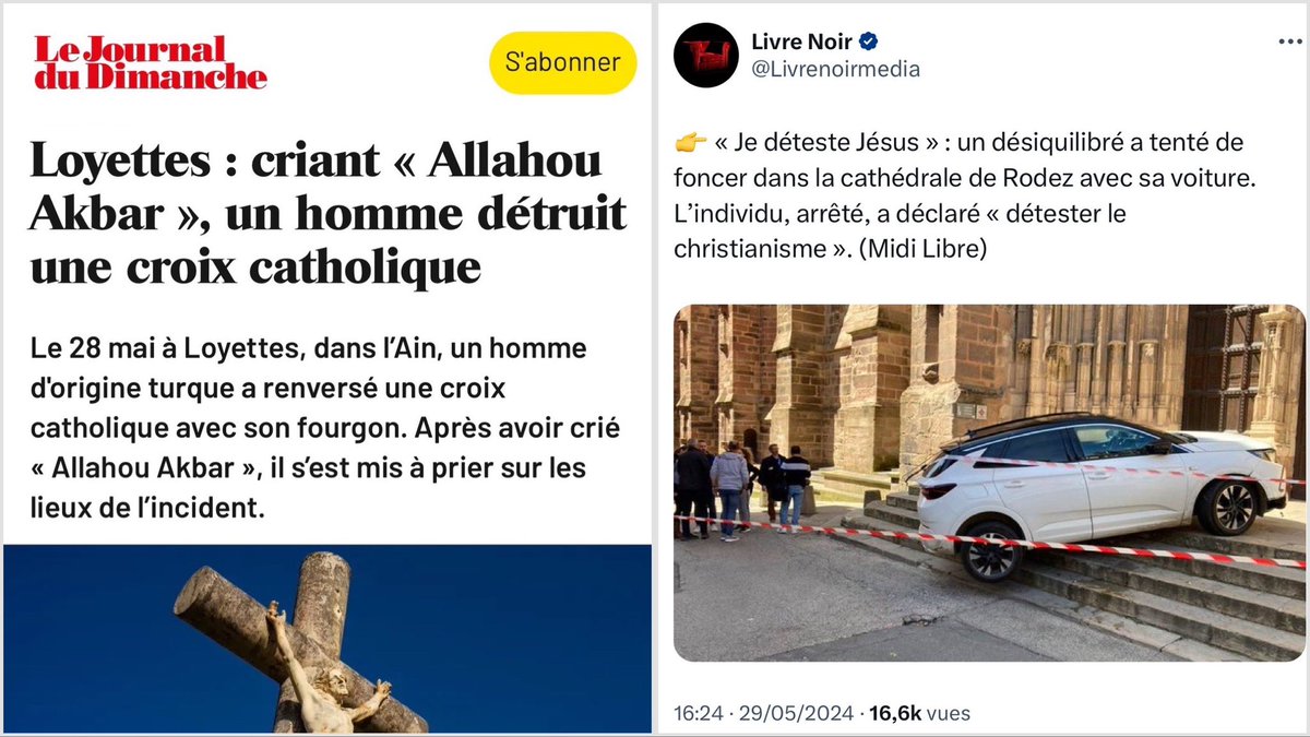 SOS Christianophobie.
Imaginez la réaction des médias de gauche si, en France, le même jour, un homme avait détruit un Coran aux cris de « Jésus est grand » et si un autre avait foncé avec sa voiture dans une mosquée aux cris de « je déteste Allah » ?