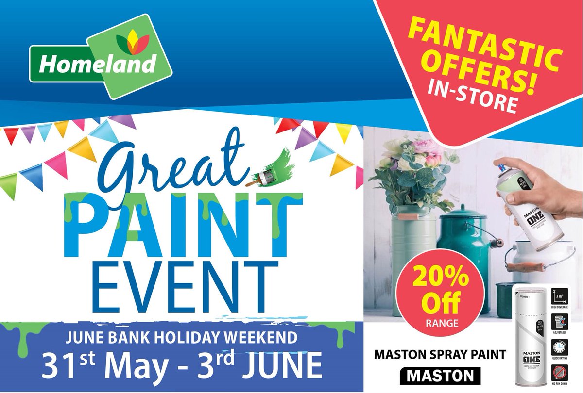 josephmurphyltd's tweet photo. Get 20% OFF Maston Spray Paint at Homeland Ballina, Westport, Letterkenny &amp; Sligo at their Great Paint Event starting this Friday😎💥✔
#spraypainting #Painting #paintevent https://t.co/a1fZvyoxsx
