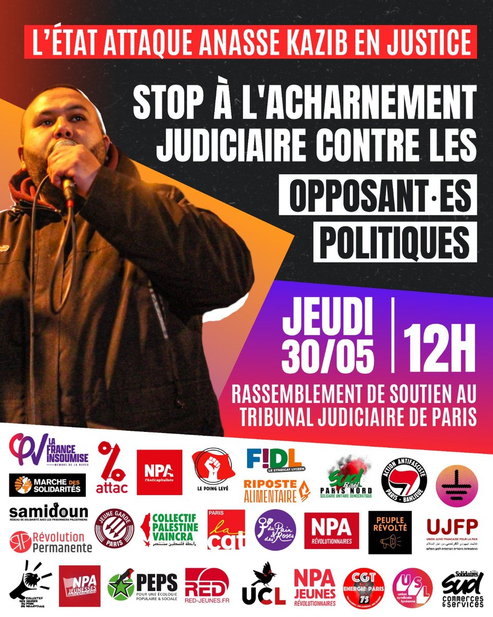 ✊La répression s’accroit, le front de solidarité aussi ! Soutien à @AnasseKazib ! 📍RDV demain 12H, au tribunal judiciaire de Paris.