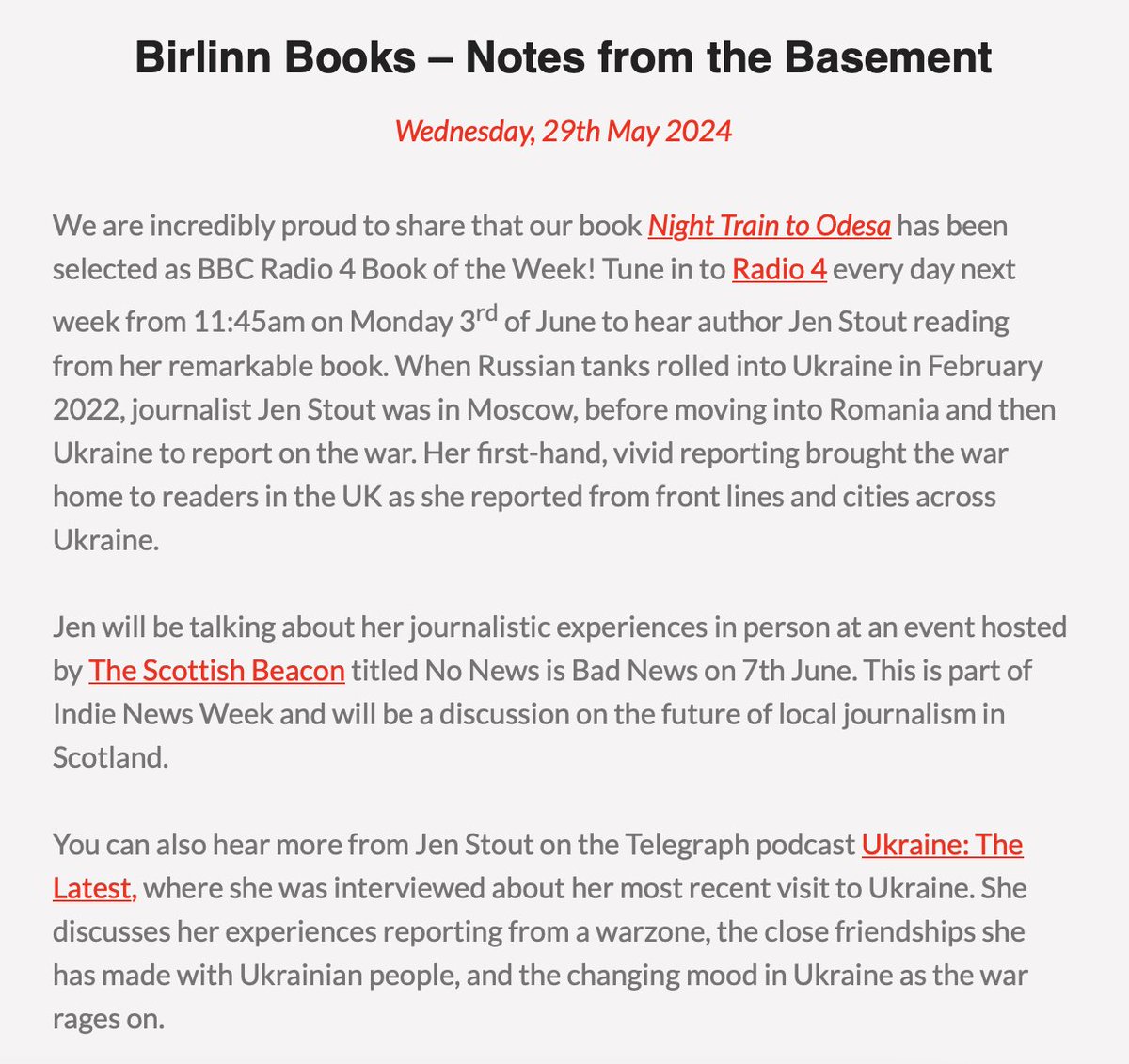 Busy time with Night Train to Odesa - thanks to <a href="/BirlinnBooks/">birlinnbooks</a> for a comprehensive update in their email newsletter.
Hasn't quite sunk in yet that I'll be reading my book on Radio 4, *every day* for a week, from Monday...
birlinn.co.uk/birlinn-newsle…