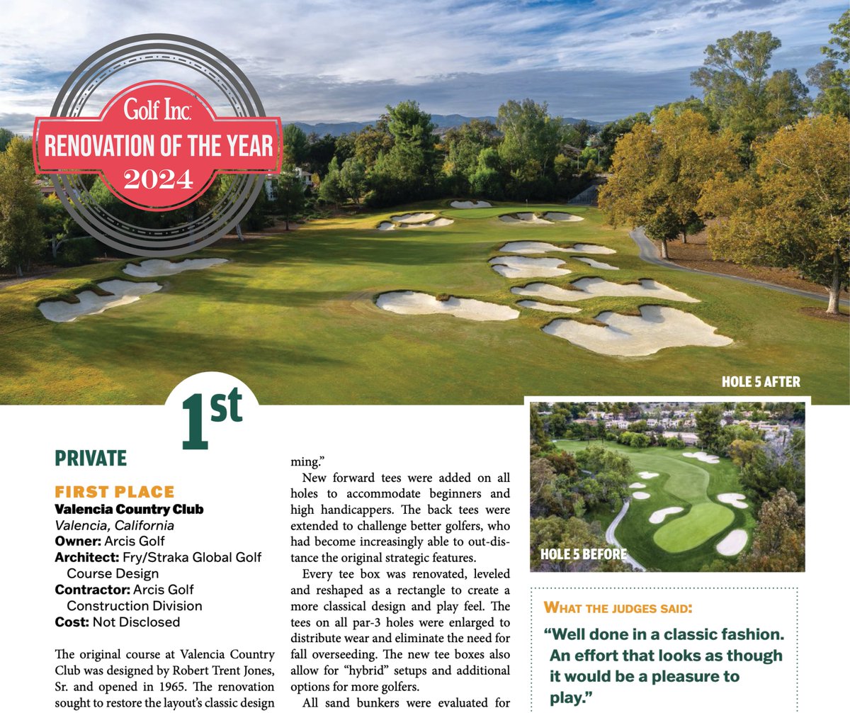 We're excited to announce that @VCCGolf has won 1st Place in @GolfInc's annual golf course 'Renovation of the Year' awards! Cheers to our incredible construction and agronomy teams and our partner @frystrakagolf.

#transformation #countryclub #clublife #liveconnectplay #arcisgolf