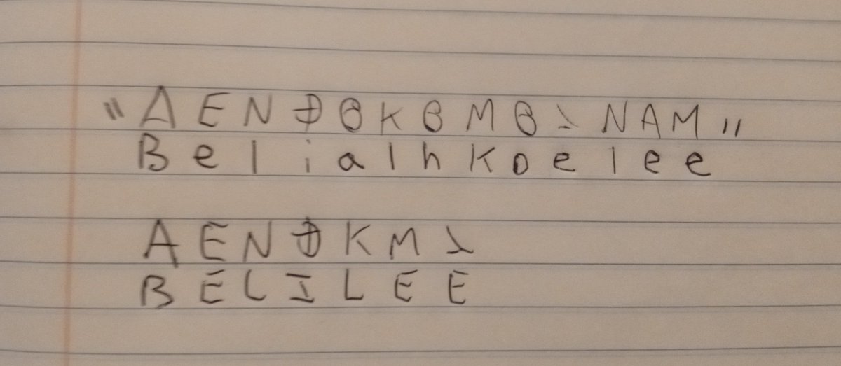 EcclesiaRocks's tweet photo. A possible #ZodiacKiller #Z13 solution

My name is (Beli Lee)

Belialh koelee
[Be Lyle coyly]

#SingleKey #SplitAlphabet #Cipher Half #Greek #DoubleEntendre #ColdCase #California #NSA #USA 
@FBISanFrancisco @SFPD @sfexaminer #News #CIA https://t.co/CJsphWhEMB