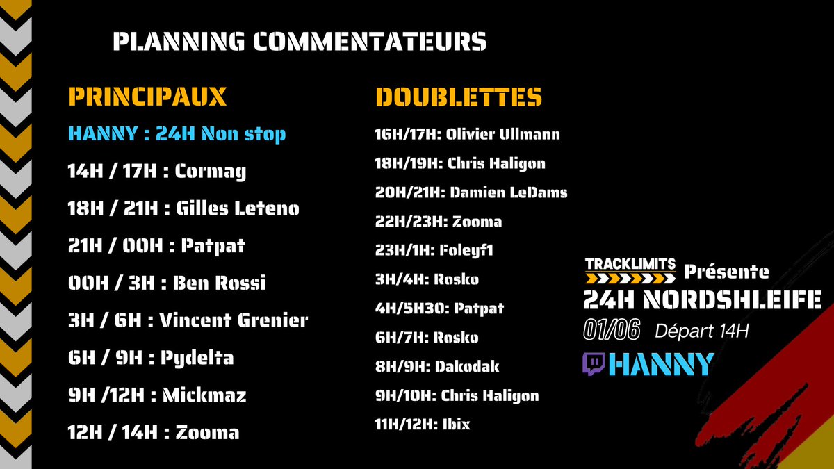 Voici les 16 merveilleuses personnes qui m'accompagneront pour commenter ces 24H de la Nordschleife ce Samedi 1er Juin 

Lancement du live vers 13H 
Départ 14H 

Comme dab je ne m'arrêterais pas pendant la totalité de l'épreuve, les pilotes et moi auront besoin de vous