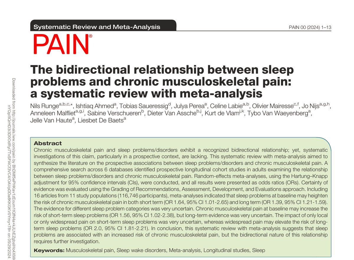 The bidirectional relationship between sleep problems and chronic musculoskeletal pain: a systematic review with meta-analysis 👏👏👏 journals.lww.com/pain/abstract/…