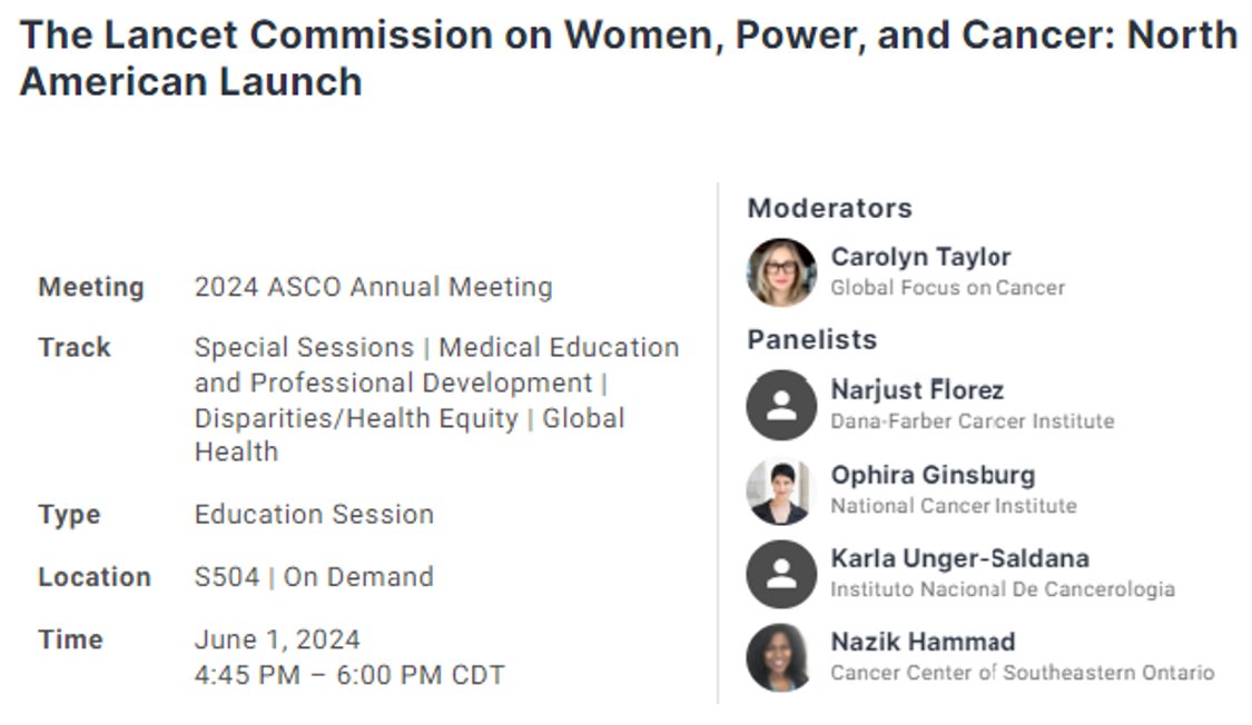 Another terrific #asco24 Ed Session to add to your busy agenda - North American launch of @TheLancet Commission on Women, Power, and Cancer. June 1 4:45 pm. @OphiraG @NarjustFlorezMD @nazik_hammad @ASCO