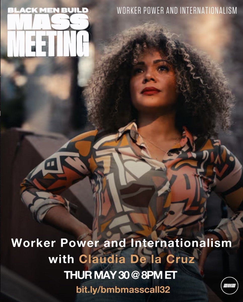 🗣️TOMORROW: Join Claudia De la Cruz at the next Mass Meeting with @blackmenbuild! With genocides happening in Palestine, Congo, and Sudan, we know that imperialism can only be defeated with internationalism and solidarity. Join us to discuss ways to build power outside of the