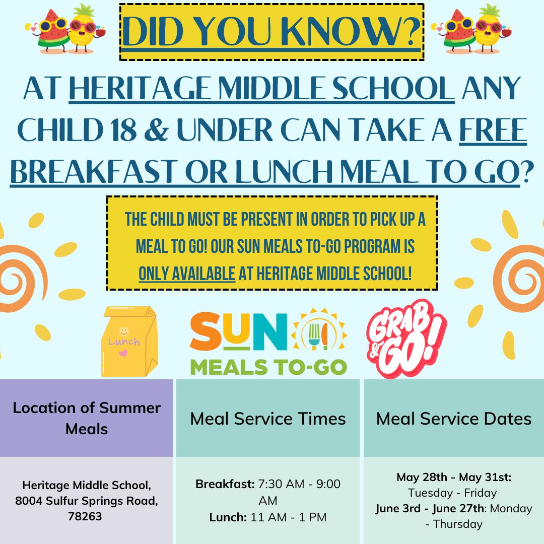 ECISD Child Nutrition Department (@ecisdcafe) on Twitter photo 📣 Exciting News! 🎉 You can now pick up grab-and-go meals that are FREE for anyone 18 & under at Heritage Middle School! 🥪🍎 Swing by the Heritage Middle School cafeteria Monday to Friday this week to pick up your delicious breakfast and lunch and you can take it to go! 🌟 📣 Exciting News! 🎉 You can now pick up grab-and-go meals that are FREE for anyone 18 & under at Heritage Middle School! 🥪🍎 Swing by the Heritage Middle School cafeteria Monday to Friday this week to pick up your delicious breakfast and lunch and you can take it to go! 🌟