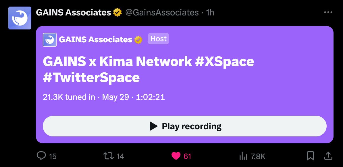 🔥 The Kima x Gains Associates X Space was incredible! 🔥

🚀 We had 21.3K of you join our lively discussion. Thank you for being a part of it!

A huge thanks to our partners, @GainsAssociates, for hosting this fantastic AMA and giving us an opportunity to share insights about