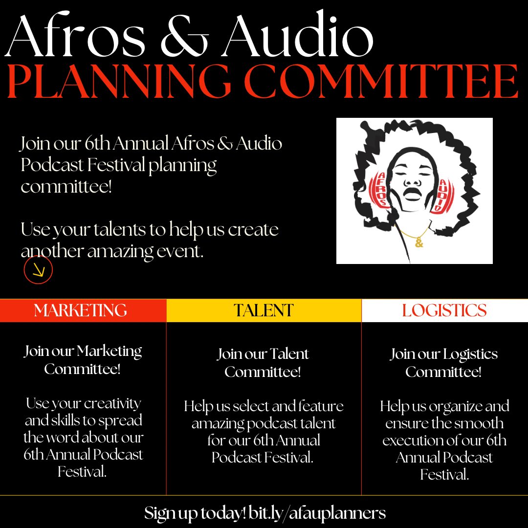 Excited to announce the 6th Annual Afros & Audio Podcast Festival in Baltimore, MD, from Oct 18-20! 🎙️✨ Join us to support Black indie podcast creatives and audio pros. Learn how you can get involved in this game-changing event! bit.ly/afauplanners #AfrosandAudio