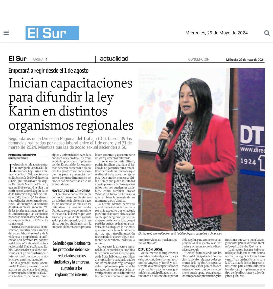 Muy agradecida de diario @elsurcl de #Concepción por permitirnos informar y difundir nuestro trabajo para promover #Derechoslaborales. Seguiremos con el  #DialogoSocial  en el #Biobio junto a Seremi @TrabajoBiobio S. Quintana apuntando al #TrabajoDecente, indica @RoxanaMarielaR6