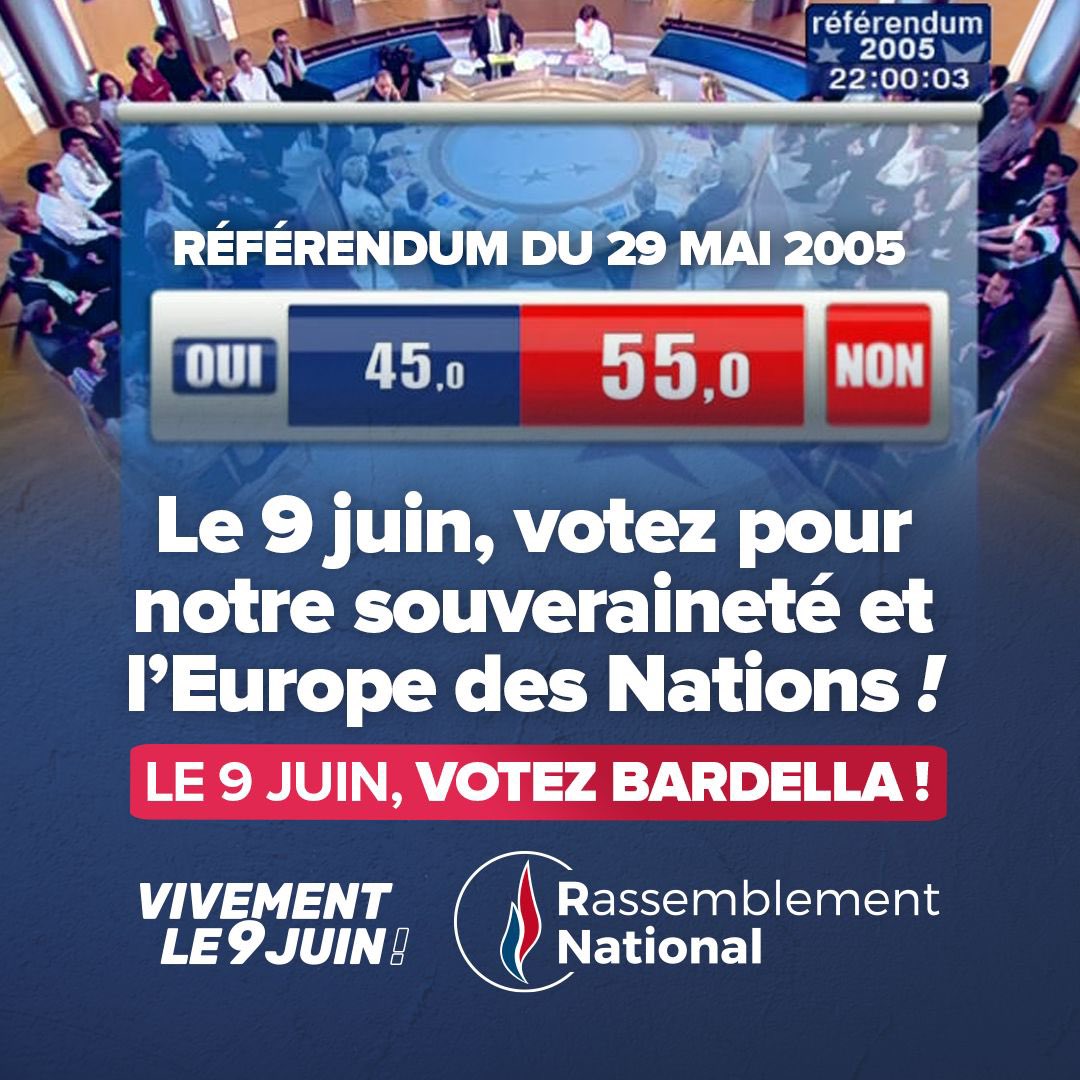 🔵 Le 29 mai 2005, les Français rejetaient massivement le traité établissant une Constitution pour l'Europe. Un vote bafoué en 2008 par la droite et par la gauche. Le 9 juin, ne l’oubliez pas. Pour notre souveraineté et l'Europe des Nations, votez @J_Bardella ! #VivementLe9Juin