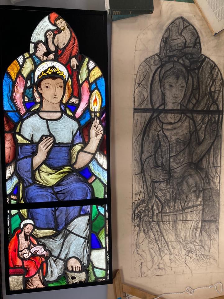 stainedglassmus's tweet photo. Cartoons for stained glass windows don’t always survive, so imagine our excitement then when we were able to lay Wilhelmina Geddes’ original cartoons for her last stained glass commission next to the finished pieces!

Read the story here: https://t.co/2pu0mb5AZ4 https://t.co/fcyIReJnIb