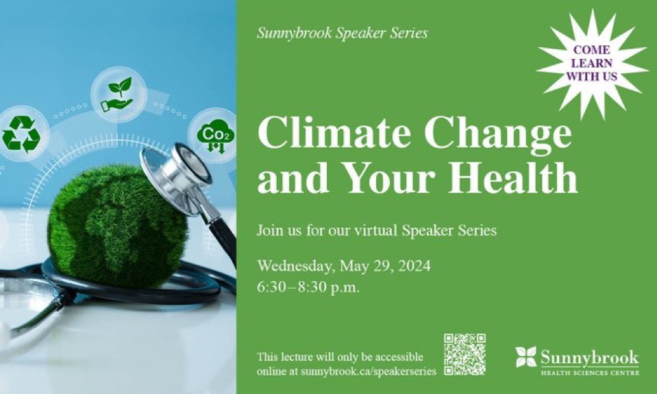 As a reminder, today is our next virtual Speaker Series from 6:30 – 8:30 p.m. Join us to learn from Sunnybrook experts about how climate change impacts your health. 🔗 bit.ly/44Ej2BR