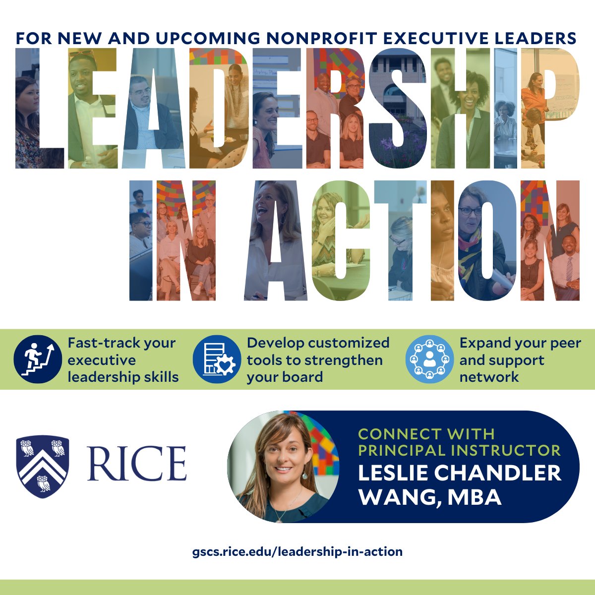 Are you a first-time executive director or nonprofit CEO? Elevate your nonprofit leadership with @RiceUniversity's Leadership in Action program! Connect with Principal Instructor Leslie Chandler Wang to see if this program is for you. Apply by Aug. 5:hubs.la/Q02ykpgv0