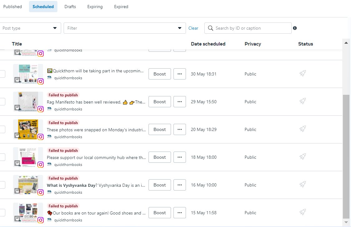 Hi there gods of <a href="/Meta/">Meta</a> I've been seeking help via the chat function of the MBS for OVER 10 days now. My scheduled posts for clients are failing to post to <a href="/instagram/">Instagram</a> - I've asked here too &amp; got zero. I'm out of ideas aside from quitting Meta &amp; moving to <a href="/latermedia/">Later</a> - anyone else?