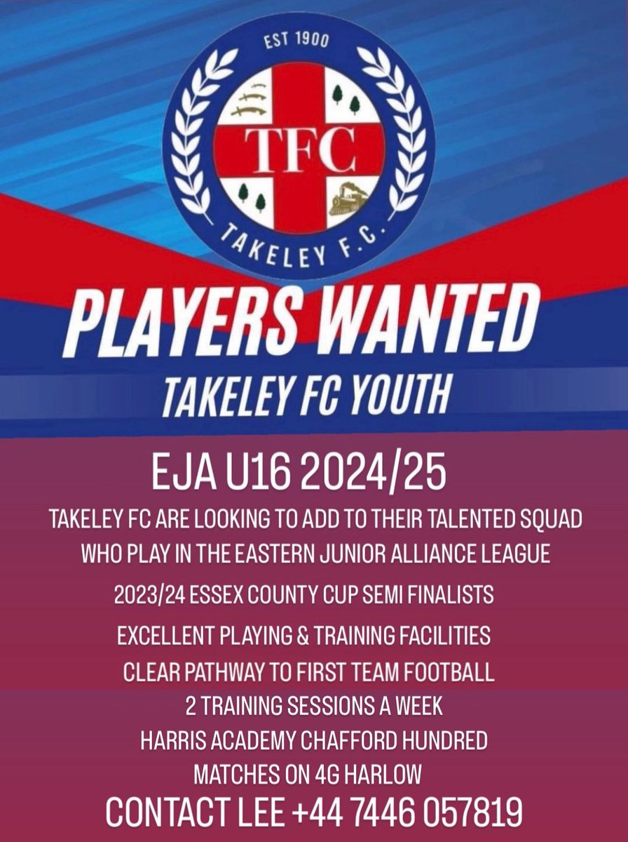 Looking for a new beginning a fresh challenge with a clear pathway to 1st team football then Takeley U16 are looking to strengthen their squad @EJALeague