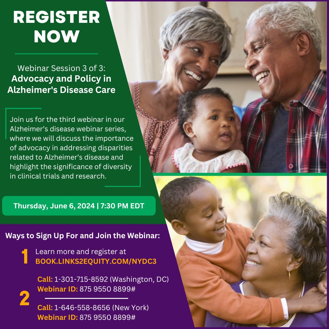 Happy Friendship Wednesday!!!
Please Save the Date to Join us on Thursday, June 6th at 7:30 PM EDT for a 3rd webinar on the vital role of advocacy in addressing Alzheimer’s disease disparities. Click this link to learn more and register today: book.links2equity.com/NYDC3/