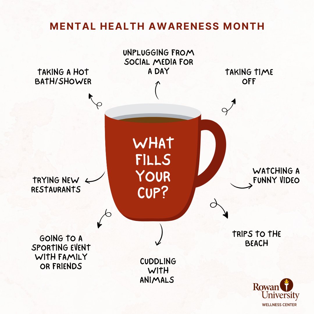 With #MentalHealthAwarenessMonth coming to an end, it is important to continue to take care of yourself. Let this month be a reminder of how to take even the smallest step to improve your overall well-being. Start small! What fills your cup and brings you joy?