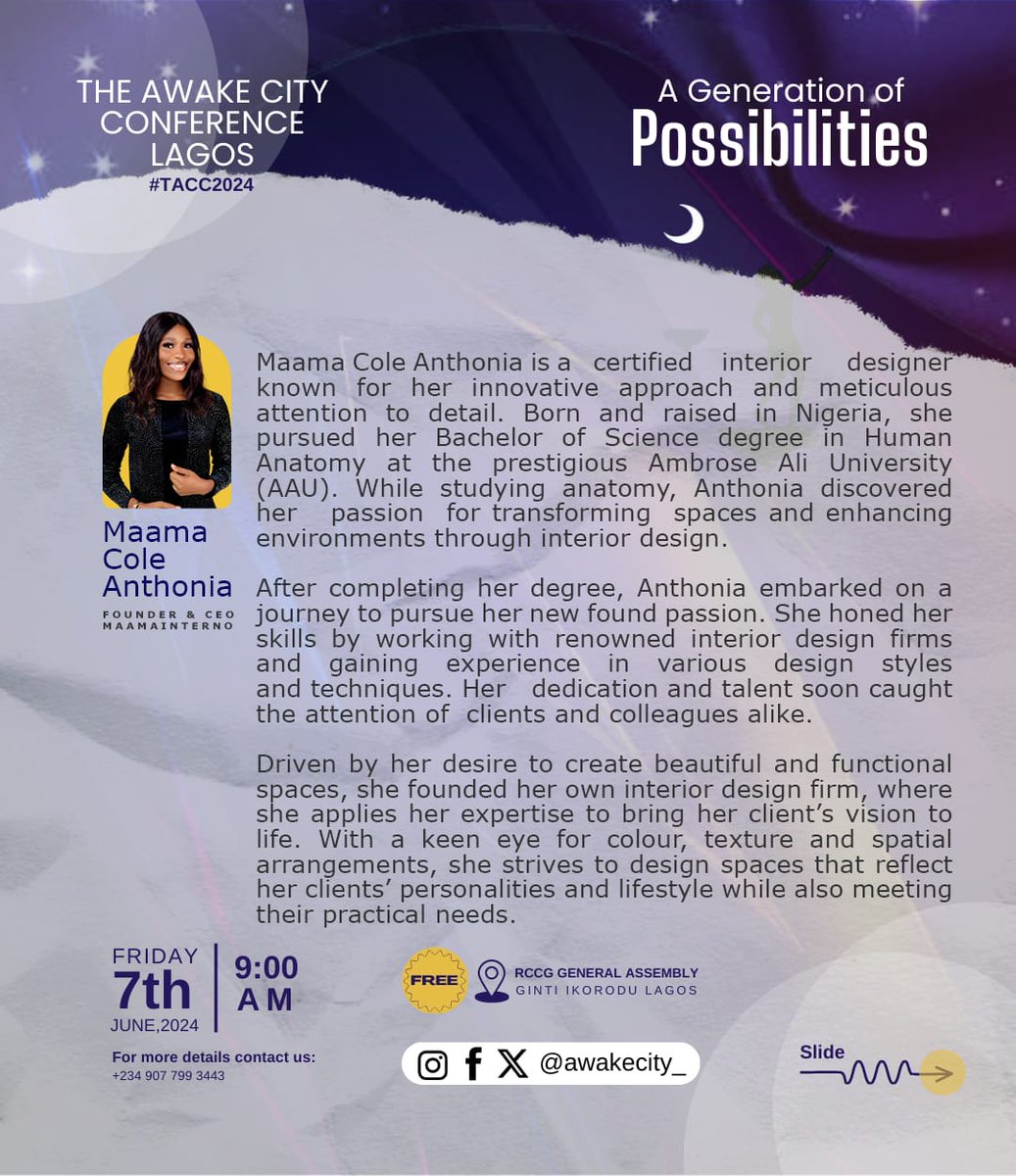 Awakecity_'s tweet photo. Get ready to be inspired! 💡
The amazing Maama Cole will be sharing her words of wisdom at the AWAKE CITY Conference 🌃 tagged: A Generation of Possibilities
Secure your spot https://t.co/mVABya2tbV
#lmpact #leadership #influence #tacc2024 https://t.co/1AKEsjK2kN