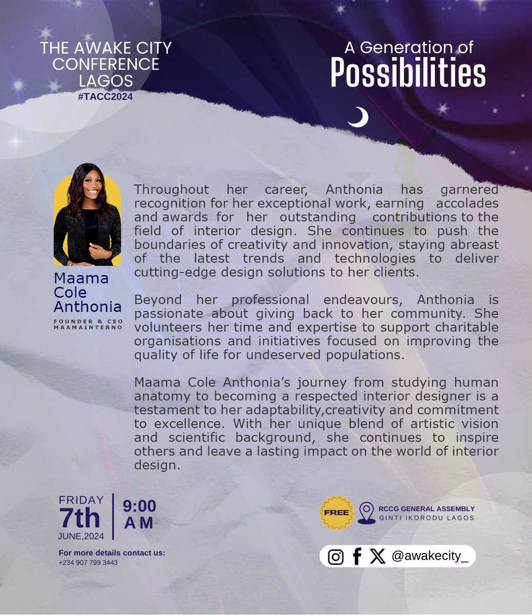 Awakecity_'s tweet photo. Get ready to be inspired! 💡
The amazing Maama Cole will be sharing her words of wisdom at the AWAKE CITY Conference 🌃 tagged: A Generation of Possibilities
Secure your spot https://t.co/mVABya2tbV
#lmpact #leadership #influence #tacc2024 https://t.co/1AKEsjK2kN