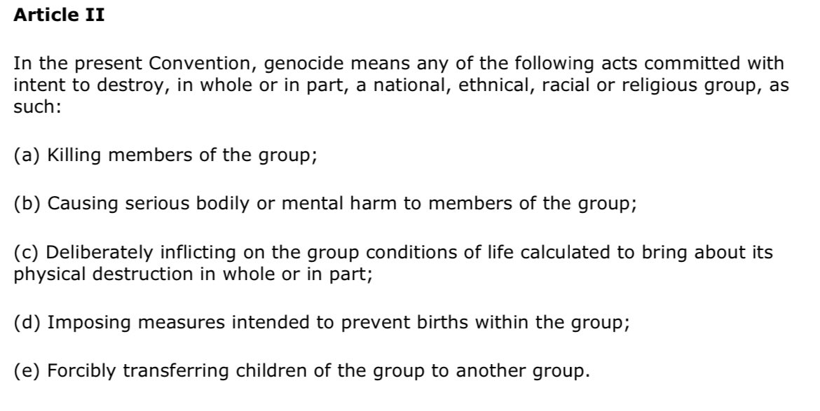 @tinaymouse @birrion @TonyMoonbeam Israel uses the definition of genocide as an instruction manual on how to go about ethnically cleansing Palestinians from the land they covet. Here’s a quick reference to what a genocide actually is defined as.