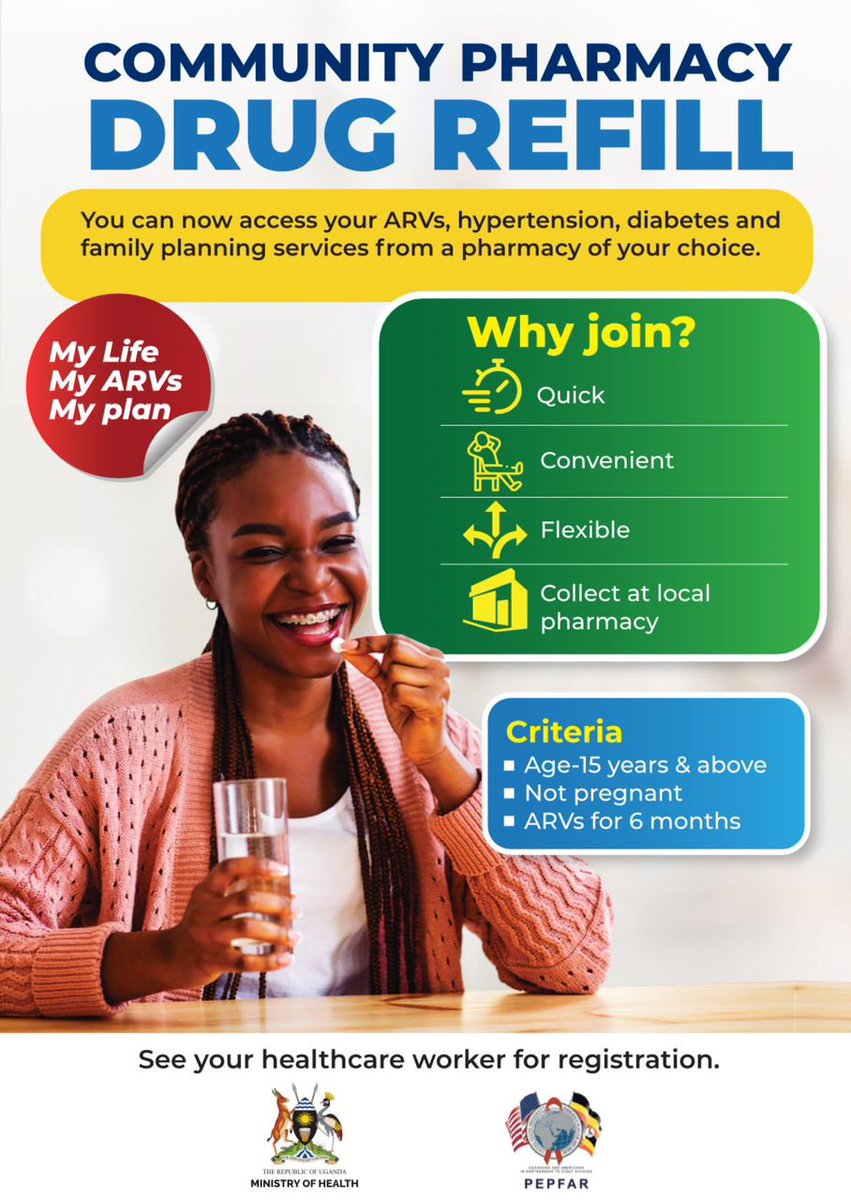 I chose the community pharmacy model because it simplify's my life regardless of living with #HIV and taking #ARVs daily.  Do you want to join me on this model?

Call 0800-211-046 or text 8080 for more details, or talk to your health worker for registration.
#CommunityCareUg