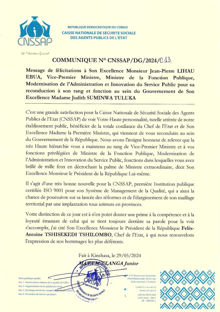 Cnssap_RDC's tweet photo. MESSAGE DE FELICITATIONS DU DIRECTEUR GENERAL DE LA CNSSAP @Junior_Mata1  A SEM LE VPM @LihauEbua https://t.co/clvVeZmtKs