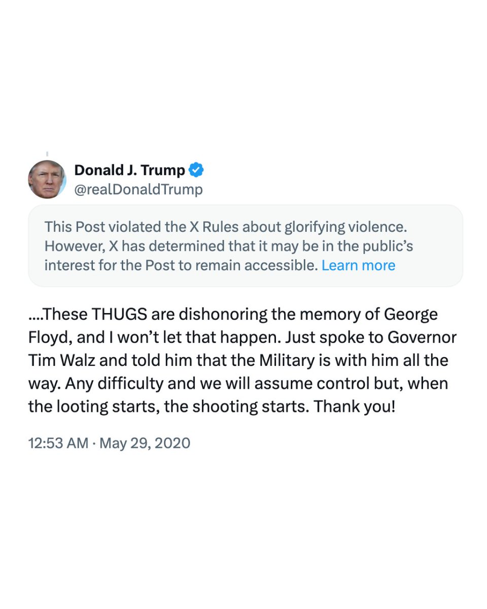 Four years ago today, Trump called Black Lives Matter protestors “THUGS” and threatened to kill them: “When the looting starts, the shooting starts”